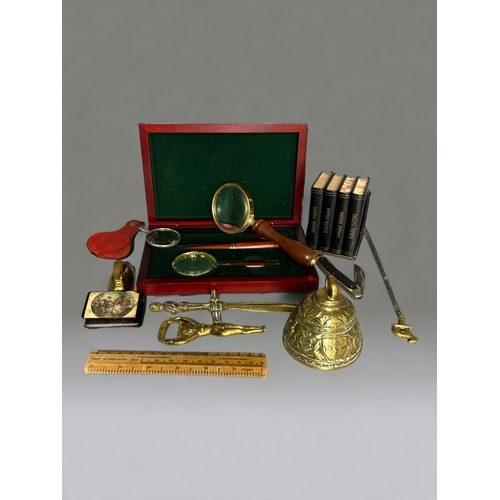 211 - Collectables including a boxed Magnifying Glass set, Brass items, Matches cover/ Vesta, Pen Knife et... 