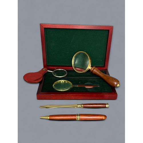 211 - Collectables including a boxed Magnifying Glass set, Brass items, Matches cover/ Vesta, Pen Knife et... 