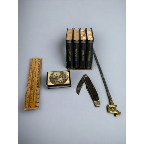 211 - Collectables including a boxed Magnifying Glass set, Brass items, Matches cover/ Vesta, Pen Knife et... 