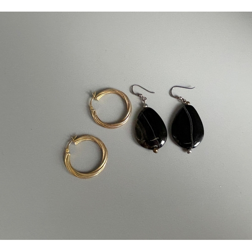 348 - A pair of gold plated ladies hoop earrings, together with a pair of polished stone pair.