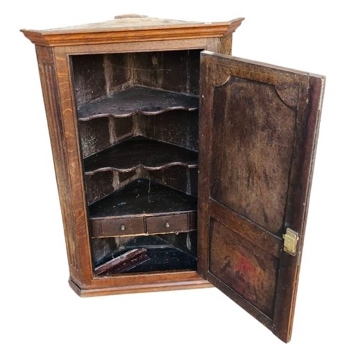 260 - Oak Corner Cabinet with two internal drawers and shaped edge shelves.