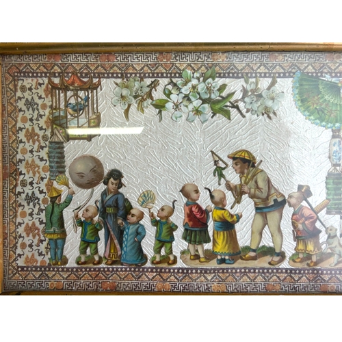 111 - A 19th century Chinoiserie decoupage artwork.Decorated with playing children. In gilt frame.