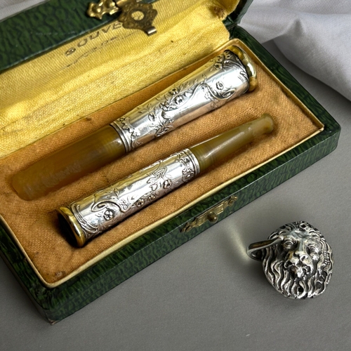 730 - A pair of antique French boxed 'Souvenir de Lourdes' his & hers Cheroot holders. Together with a... 