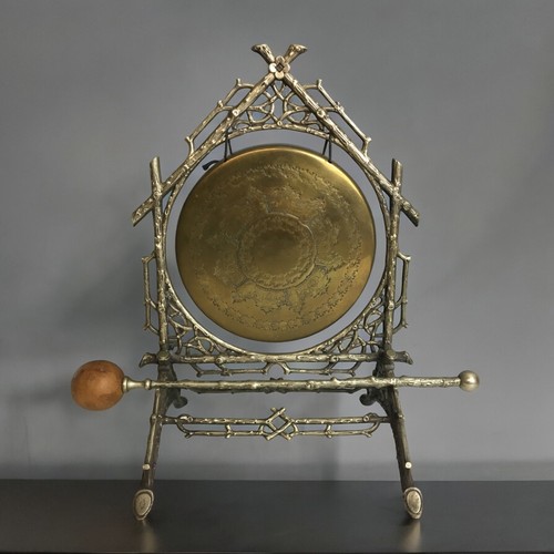 515 - Late 19th Century Aesthetic Period silver plated Faux Wood stand with brass dinner gong and matching... 