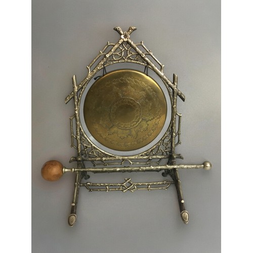 515 - Late 19th Century Aesthetic Period silver plated Faux Wood stand with brass dinner gong and matching... 