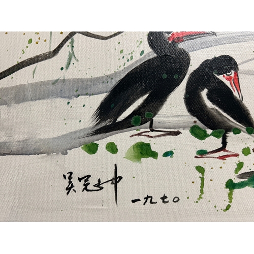 76 - A contemporary Chinese Ink & colour on canvas.Depicting Cormorants by the shore under willow tre... 