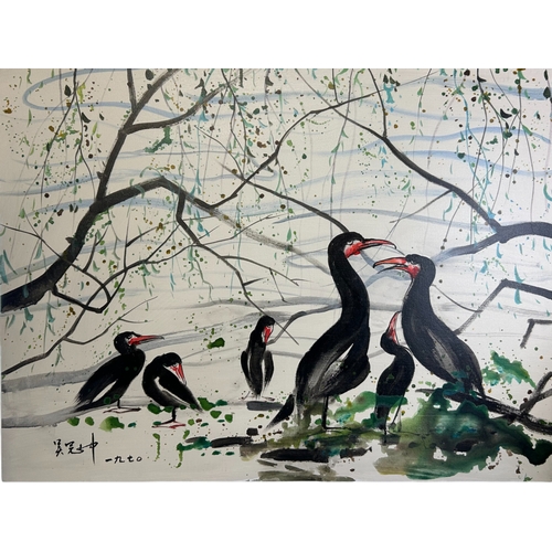 76 - A contemporary Chinese Ink & colour on canvas.Depicting Cormorants by the shore under willow tre... 