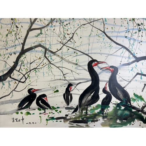 76 - A contemporary Chinese Ink & colour on canvas.Depicting Cormorants by the shore under willow tre... 