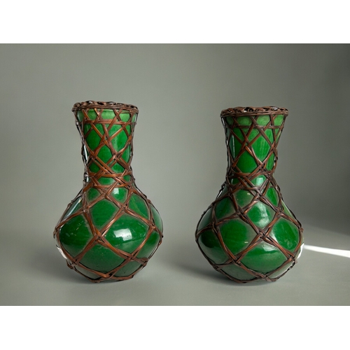 761 - pair of Kashu Minpei Awaji pottery bottle vases.Japan, 1st Qtr 20th century.Overlain bamboo. Marked ... 