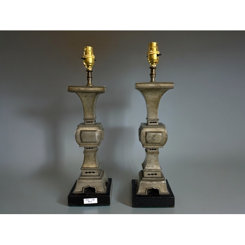 763 - A pair of vintage Chinese pewter Altar vases, converted to lamps.Height - 42cm