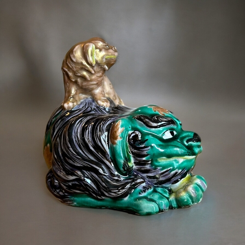 770 - A Japanese Kutani porcelain ShiShi Lion figure.Meiji period.Polychrome enamels painted Shi Shi mothe... 