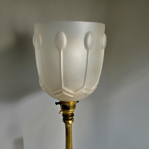 782 - A pair of Arts & Crafts brass table lamps.Unsigned, attributed to W.A.S Benson.With white glass ... 