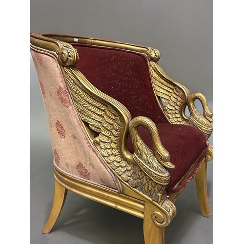 799 - A pair of vintage French Empire style 'Swan' Bergère armchairs.Upholstered tub form, with carved &am... 