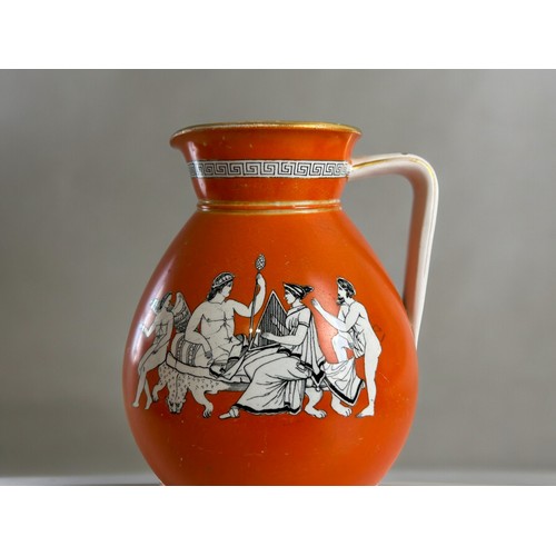 99 - Three 19th century 'Neo Classical' orange ground porcelain jugs. Including John Meir & sons and ... 