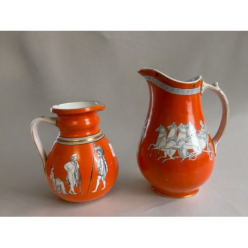 99 - Three 19th century 'Neo Classical' orange ground porcelain jugs. Including John Meir & sons and ... 