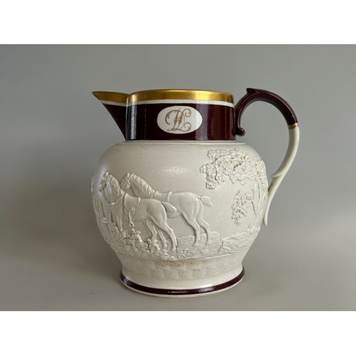 100 - An early 19th century sprigged 'Hunt scene' jug.Attributed to Davenport.Brown painted & gilded r... 