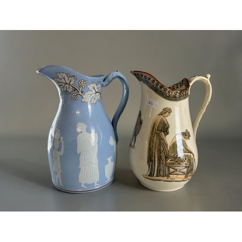 103 - A collection of six 19th century English jugs. Including classical Greek scene came jug by T & R... 