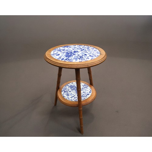 29 - Late Victorian Honey Oak Faux Bamboo 2 Tier Stand/Table with Ceramic Blue and White transfer Circula... 