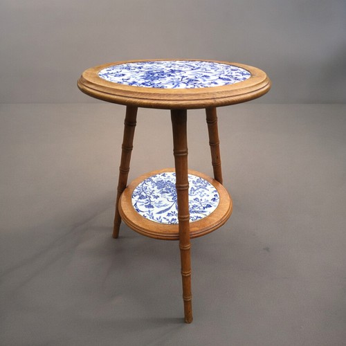 29 - Late Victorian Honey Oak Faux Bamboo 2 Tier Stand/Table with Ceramic Blue and White transfer Circula... 