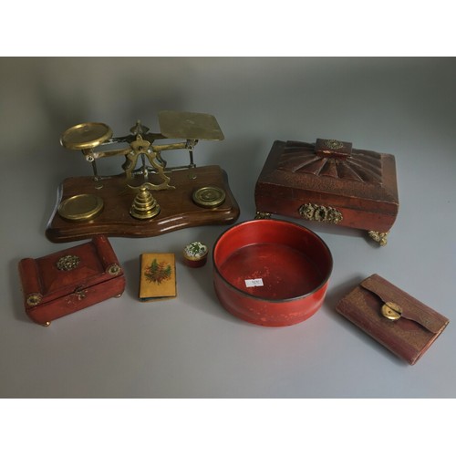 4 - Assortment of Antique items to include, Antique Full Set of Postal Scales, Antique Tooled Leather Je... 