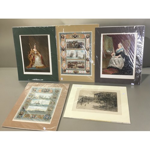 42 - Collection of 5 Carded Prints and Etchings, 4 are Victorian Book plates of Royal and Military intere... 