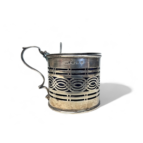 174 - Sterling silver drum mustard pot. Birmingham, 1897 hallmarks. Stylised & pierced wavy band to ce... 