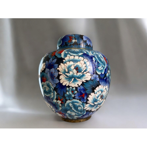 97 - A large Chinese Cloisonné lidded jar.Mid, 20th century.  Depicting blossoming flowers. Marked to bas... 