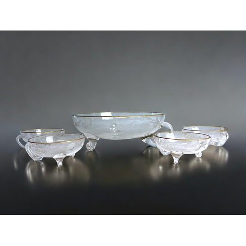 116 - A Rare Josephine glassworks low punchbowl & four glasses.Circa 1900. Delicately engraved foliate... 