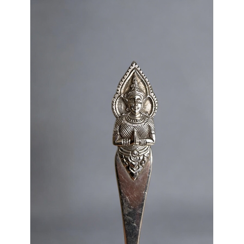 259 - Three Thai white metal servers.Handles depicting Buddha in prayer. Unmarked. Length - 27.5cm... 