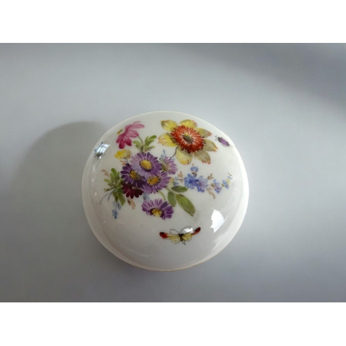 199 - Meissen porcelain trinket box.Hand painted flowers & insects. 6.5 x 9.5cm