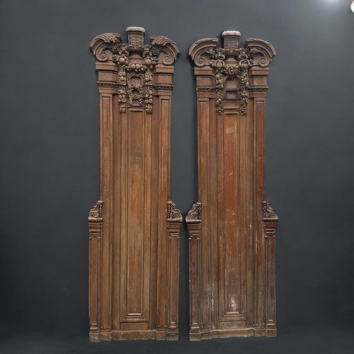 448 - Pair Of Large Early 20th Century Carved Oak Column Panel Facias.Neo Classical design with Deep Black... 