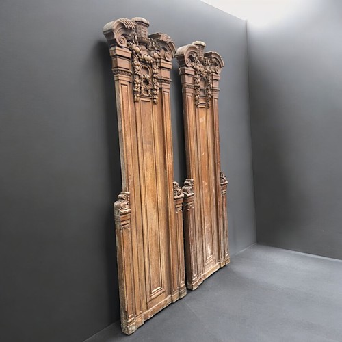 448 - Pair Of Large Early 20th Century Carved Oak Column Panel Facias.Neo Classical design with Deep Black... 