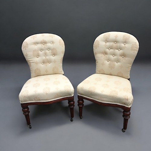 33 - Pair of Upholstered Victorian Style Low Chairs Ivory and Gold Damask Style Upholstery.