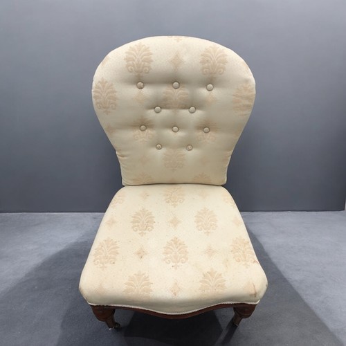 33 - Pair of Upholstered Victorian Style Low Chairs Ivory and Gold Damask Style Upholstery.