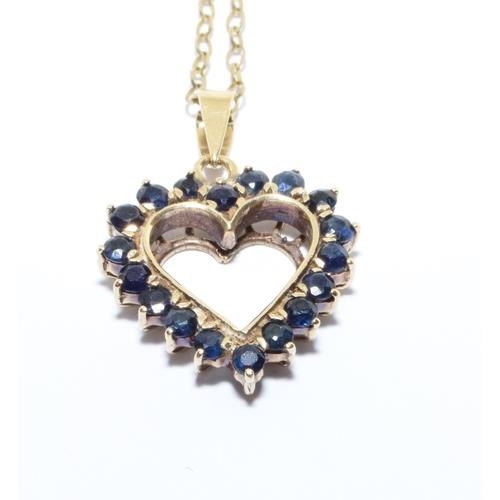 160 - 9ct gold Sapphire heart shape pendant necklace chain is 40cm long