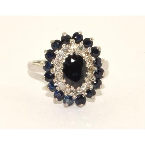 290 - 18ct white gold Ladies Diamond and Sapphire large cluster /cocktail ring 4.5g size M