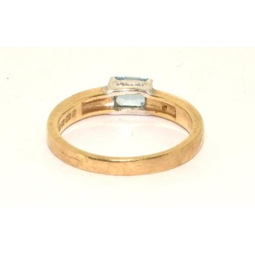 297 - 9ct gold ladies Aquamarine with Diamond shank ring size L