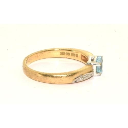 297 - 9ct gold ladies Aquamarine with Diamond shank ring size L