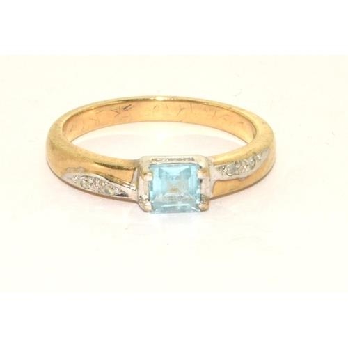 297 - 9ct gold ladies Aquamarine with Diamond shank ring size L