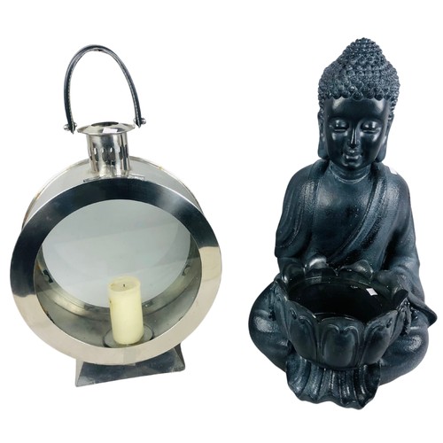 467 - Seated Buddha with Lotus Flower Pant Holder and a Large Spherical Storm Lamp Candle Holder