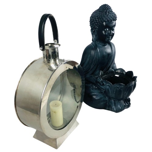 467 - Seated Buddha with Lotus Flower Pant Holder and a Large Spherical Storm Lamp Candle Holder