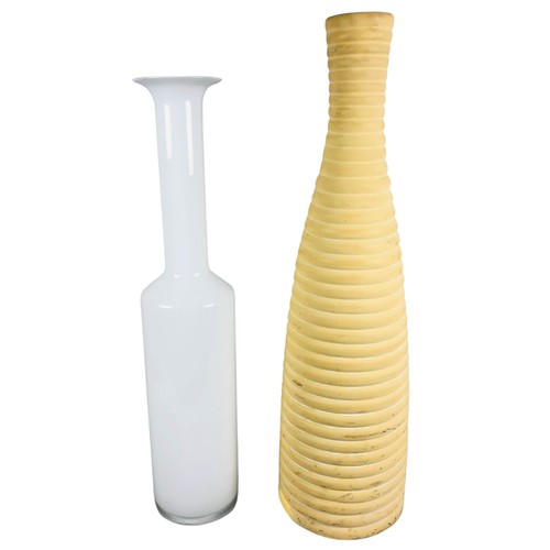 15 - Large White Hand Made Glass Floor Vase and a Terracotta Painted Large Ribbed Floor Standing Vase