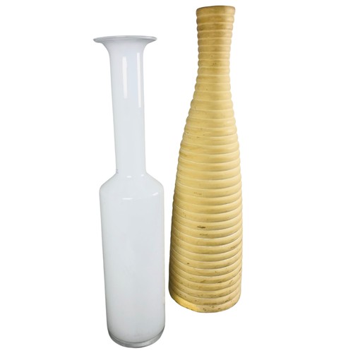 15 - Large White Hand Made Glass Floor Vase and a Terracotta Painted Large Ribbed Floor Standing Vase