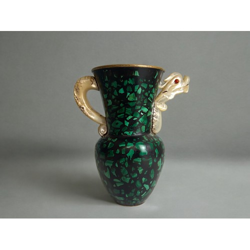 1 - A rare Chinese Lacquer pitcher. Inlaid with polished Malachite. The 'Dragon' handle & spout carv... 