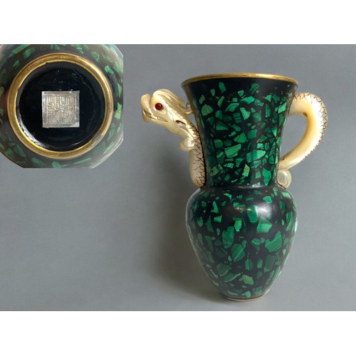 1 - A rare Chinese Lacquer pitcher. Inlaid with polished Malachite. The 'Dragon' handle & spout carv... 