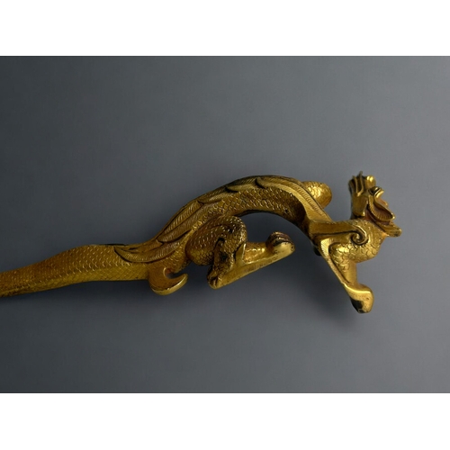 2 - Two Chinese gilt bronze Dragons.In the Tang style.Larger - 29cm longSmaller - 12 x 12cm... 