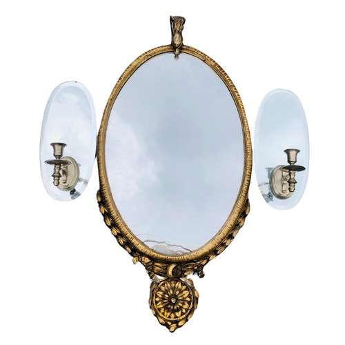 474 - 19th Century Oval mirror with 2 Mirrored Wall Candle Sconces