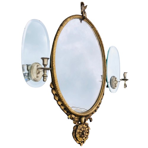 474 - 19th Century Oval mirror with 2 Mirrored Wall Candle Sconces