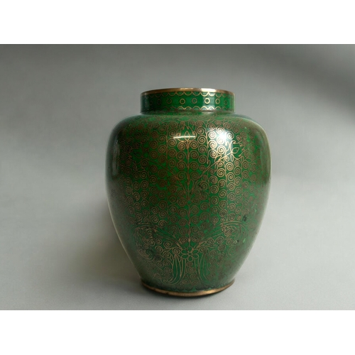 139 - A fine quality Japanese cloisonne jar.Meiji period.Green ground with detailed foliate design.Height ... 