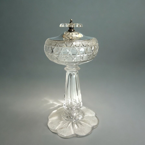 484 - A silver lidded & crystal sweetmeat pedestal dish.Birmingham hallmarks.Height - 20cm